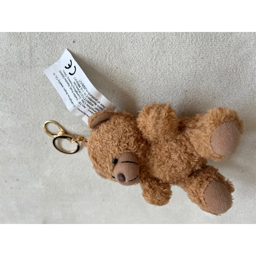 Brown Plush Teddy Bear Keychain Gold Tone Clip Backpack Charm Accessory New